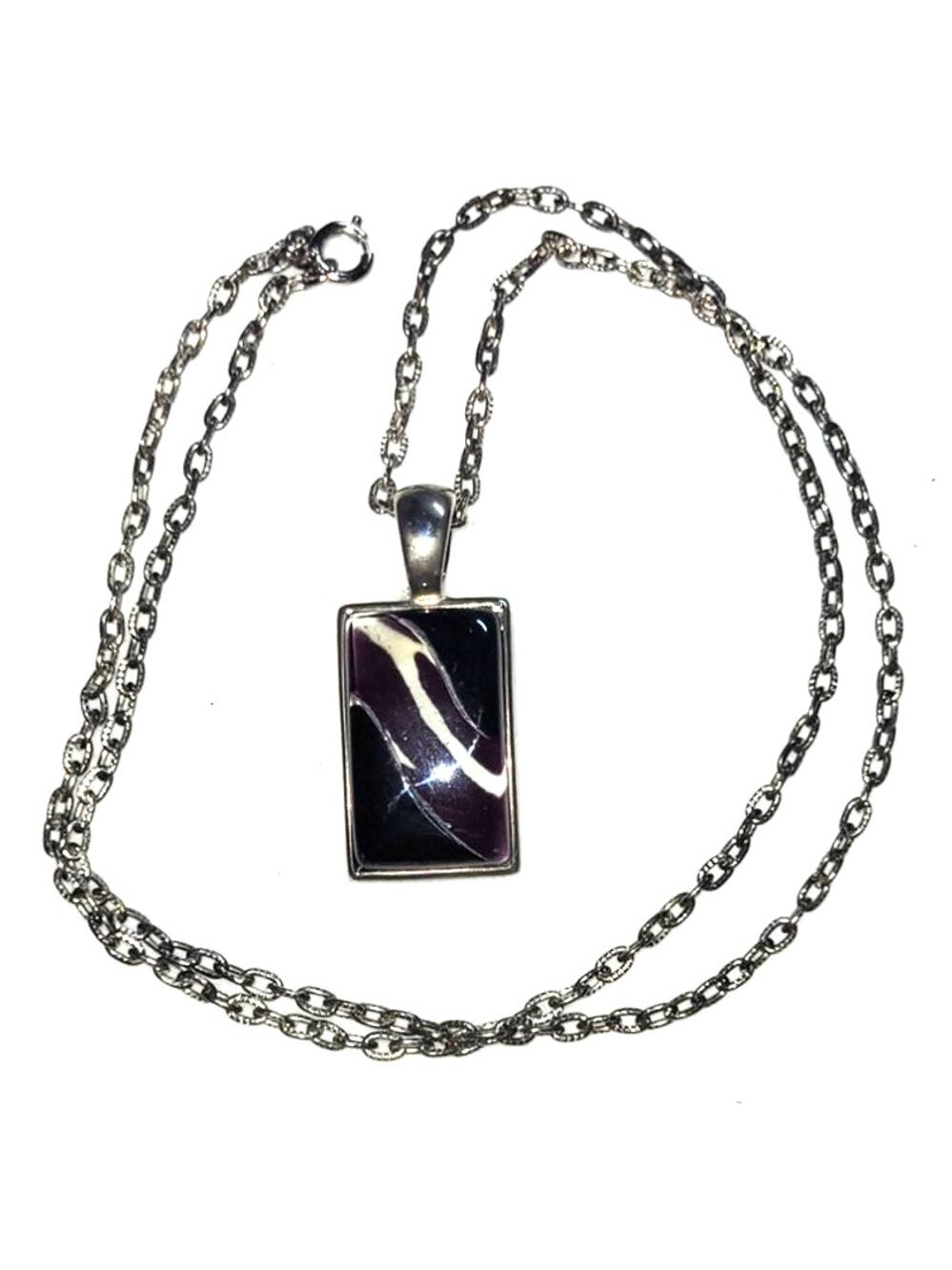 Vintage Carved Lucite Pendant Necklace Black Silver Tone Abstract Layered 3D